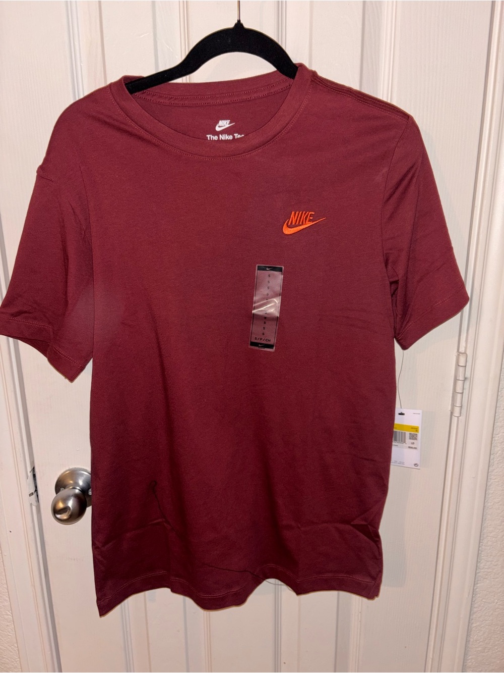 Nike Men's Maroon Short Sleeve Tee with Orange Logo